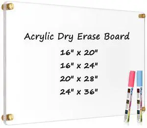 Clear Acrylic Dry Erase Board, 36" X 24" (Golden) Non-Magnetic Frameless Clear White Board for Wall, Erasable Acrylic Board for Wall, Home, Office, School, 2 Markers Clear Acrylic Dry Erase Board, 36" X 24" (Golden) Non-Magnetic Frameless Clear White Board for Wall, Erasable Acrylic Board for Wall, Home, Office, School, 2 Markers