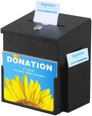Suggestion Box with Key Lock and Acrylic Sign Holder, Black Metal Donation/Ballot Box with 2 keys and 50 Free Cards, Tip Jar for Office, Fundraising, Church, School, 8.9''x 7.1''x 6.3'' Suggestion Box with Key Lock and Acrylic Sign Holder, Black Metal Donation/Ballot Box with 2 keys and 50 Free Cards, Tip Jar for Office, Fundraising, Church, School, 8.9''x 7.1''x 6.3''