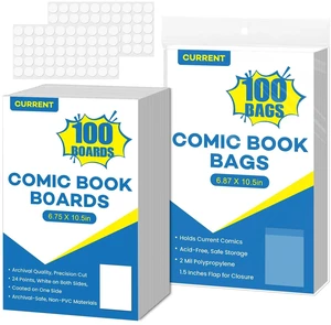 100 Pack Current Comic Book Bags and Boards, 6.87" x 10.5" Clear Comic Book Sleeves, Acid-Free Thick Comic Backing Boards for Collectible Book Storage 100 Pack Current Comic Book Bags and Boards, 6.87" x 10.5" Clear Comic Book Sleeves, Acid-Free Thick Comic Backing Boards for Collectible Book Storage
