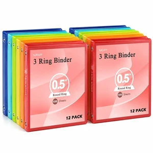 0.5 Inch 3 Ring Binders, 12 Pack Assorted Color Binders with Clear View Covers and 2 Interior Pockets, 1/2 Inch Round Ring Binders Holds 100 Sheets, for School, Office and Home 0.5 Inch 3 Ring Binders, 12 Pack Assorted Color Binders with Clear View Covers and 2 Interior Pockets, 1/2 Inch Round Ring Binders Holds 100 Sheets, for School, Office and Home