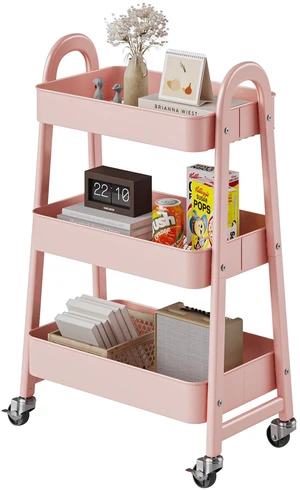 3 Tiers Rolling Cart, Utility Cart, Metal, Pink Mobile Storage, Lockable Wheels, Utility Shelving Unit, Kitchen, Bathroom, Laundry, Narrow Places 3 Tiers Rolling Cart, Utility Cart, Metal, Pink Mobile Storage, Lockable Wheels, Utility Shelving Unit, Kitchen, Bathroom, Laundry, Narrow Places
