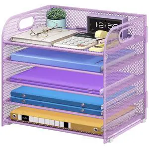 5 Tier Paper Organizer with Handle, Metal Mesh Desk Organizer File Folder Paper Letter Tray Desktop Document Sorter for Classroom, School, Office Accessories Organization and Storage - Purple 5 Tier Paper Organizer with Handle, Metal Mesh Desk Organizer File Folder Paper Letter Tray Desktop Document Sorter for Classroom, School, Office Accessories Organization and Storage - Purple