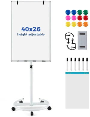40 x 26 Rolling Whiteboard, Magnetic Dry Erase Board on Wheels Height Adjustable Mobile White Board with Stand, Paper Clips, Storage Tray, Paper Pad, Magnets, Markers, for Office School 40 x 26 Rolling Whiteboard, Magnetic Dry Erase Board on Wheels Height Adjustable Mobile White Board with Stand, Paper Clips, Storage Tray, Paper Pad, Magnets, Markers, for Office School