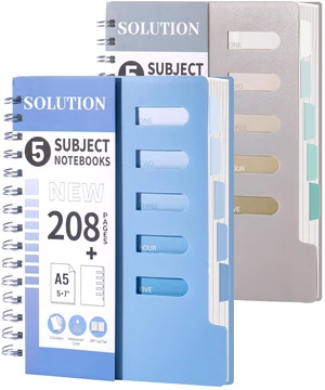 5 Subject Spiral Notebook College Ruled with Dividers & Tabs,5x7,2 Pack Blue+Grey,416 Pages, Waterproof Plastic Cover 80GSM Thick Paper,Removal Tabs Spiral Notebooks for School Work 5 Subject Spiral Notebook College Ruled with Dividers & Tabs,5x7,2 Pack Blue+Grey,416 Pages, Waterproof Plastic Cover 80GSM Thick Paper,Removal Tabs Spiral Notebooks for School Work