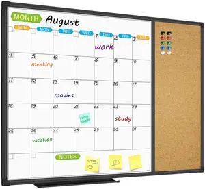 Magnetic Calendar Whiteboard & Bulletin Corkboard Combination, Combo Board 28 x 20 Inch, Black Aluminum Frame Wall Mounted Board for Office Home and School with 10 Push Pins Magnetic Calendar Whiteboard & Bulletin Corkboard Combination, Combo Board 28 x 20 Inch, Black Aluminum Frame Wall Mounted Board for Office Home and School with 10 Push Pins