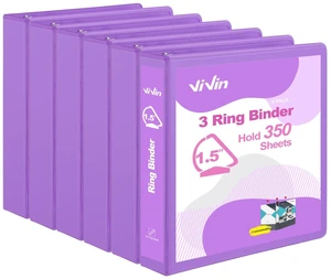 Sturdy 1.5 Inch 3 Ring Binder with 2 Pockets, 6 Pack, Purple Slant-D Ring Binder, PVC-Free, Customizable Clear View Binder,Holds 350 Sheets of 8.5" x 11" Paper for Office, Home, School Sturdy 1.5 Inch 3 Ring Binder with 2 Pockets, 6 Pack, Purple Slant-D Ring Binder, PVC-Free, Customizable Clear View Binder,Holds 350 Sheets of 8.5" x 11" Paper for Office, Home, School