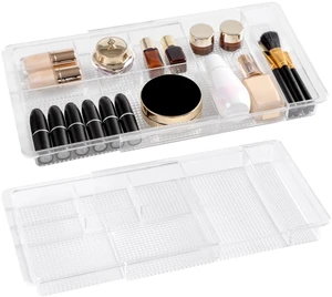 Expandable Shallow Vanity Plastic Makeup Drawer Organizers, 2 Pack Low Profile 1.3 Inch Height Clear Storage Tray - Scalable Width Customization Fits Cosmetic Lipsticks Brushes, Dressing Table Expandable Shallow Vanity Plastic Makeup Drawer Organizers, 2 Pack Low Profile 1.3 Inch Height Clear Storage Tray - Scalable Width Customization Fits Cosmetic Lipsticks Brushes, Dressing Table