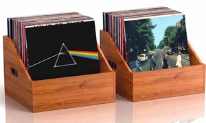 2 Pack Wood Vinyl Record Storage, Retro & Durable Vinyl Crate and Record Holder 2 Pack Wood Vinyl Record Storage, Retro & Durable Vinyl Crate and Record Holder