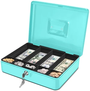 Small Cash Box with Money Tray and Lock, 11.4-Inch, Blue Portable Metal Money Box for Petty Cash with Removable 9-Compartment Tray, 4 Bill Slots, Folding Handle, and 2 Keys Small Cash Box with Money Tray and Lock, 11.4-Inch, Blue Portable Metal Money Box for Petty Cash with Removable 9-Compartment Tray, 4 Bill Slots, Folding Handle, and 2 Keys