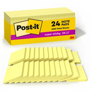 Super Sticky Notes, 24 Pads, 3 x 3 in., School Supplies, Office Products, for Vertical Surfaces, Monitors, Walls and Windows, Canary Yellow Super Sticky Notes, 24 Pads, 3 x 3 in., School Supplies, Office Products, for Vertical Surfaces, Monitors, Walls and Windows, Canary Yellow