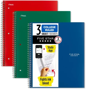 Spiral Notebook + Study App, 3 Pack, 3 Subject, College Ruled Paper, Fights Ink Bleed, Water Resistant Cover, 8-1/2" x 11", 150 Sheets, Green, Red, Blue (820193) Spiral Notebook + Study App, 3 Pack, 3 Subject, College Ruled Paper, Fights Ink Bleed, Water Resistant Cover, 8-1/2" x 11", 150 Sheets, Green, Red, Blue (820193)