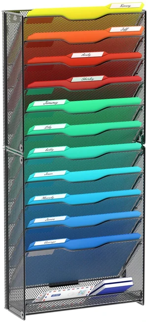 12 Tier Wall File Organizer, Hanging Wall Mount File Holder Paper Folder Mail Organizer, Mesh Metal, Black 12 Tier Wall File Organizer, Hanging Wall Mount File Holder Paper Folder Mail Organizer, Mesh Metal, Black
