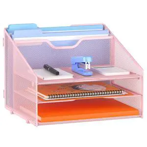 Letter Tray Organizer, Mesh Desk File Organizer with 3 Paper Trays and 2 Vertical Upright Section (Pink) Letter Tray Organizer, Mesh Desk File Organizer with 3 Paper Trays and 2 Vertical Upright Section (Pink)