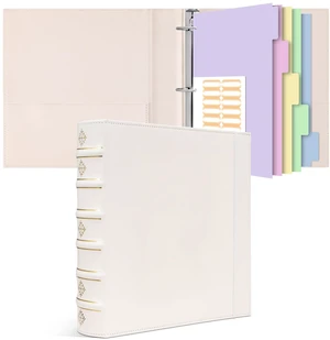 Leather 3 Ring Binder 2 Inch, Vintage D Ring Binder with Pockets and 5 Tab Dividers, Hardback Book Style Document Organizer Fits Letter Size for Home and Office White Leather 3 Ring Binder 2 Inch, Vintage D Ring Binder with Pockets and 5 Tab Dividers, Hardback Book Style Document Organizer Fits Letter Size for Home and Office White