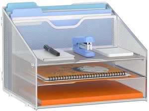 Letter Tray Organizer, Mesh Desk File Organizer with 3 Paper Trays and 2 Vertical Upright Section (Silver) Letter Tray Organizer, Mesh Desk File Organizer with 3 Paper Trays and 2 Vertical Upright Section (Silver)