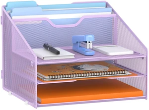 Letter Tray Organizer, Mesh Desk File Organizer with 3 Paper Trays and 2 Vertical Upright Section (Purple) Letter Tray Organizer, Mesh Desk File Organizer with 3 Paper Trays and 2 Vertical Upright Section (Purple)