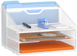 Letter Tray Organizer, Mesh Desk File Organizer with 3 Paper Trays and 2 Vertical Upright Section (White) Letter Tray Organizer, Mesh Desk File Organizer with 3 Paper Trays and 2 Vertical Upright Section (White)
