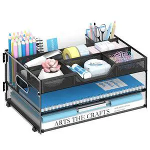 3 Tier Desk Organizer with Pen Holders and Paper Trays, Black Paper organizer for desk with pen holders, adjustable compartments and paper trays stores files and supplies at home or work 3 Tier Desk Organizer with Pen Holders and Paper Trays, Black Paper organizer for desk with pen holders, adjustable compartments and paper trays stores files and supplies at home or work