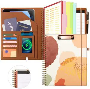 Clipboard with Storage for Men Women, Leather Padfolio Portfolio Organizer 5 Folders with 10 Pockets, Spiral Clipboard Folio with Notepad for Letter Size, Elastic Closure and Pen Loop Brown Clipboard with Storage for Men Women, Leather Padfolio Portfolio Organizer 5 Folders with 10 Pockets, Spiral Clipboard Folio with Notepad for Letter Size, Elastic Closure and Pen Loop Brown