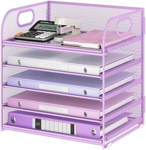 Desk Letter Tray Paper Organizer, 5-Tier with Handle Metal Mesh Desktop File Organizer Paper Holder for Classroom Office Desk Accessories- Purple Desk Letter Tray Paper Organizer, 5-Tier with Handle Metal Mesh Desktop File Organizer Paper Holder for Classroom Office Desk Accessories- Purple