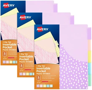 Big Tab Insertable Plastic Dividers, 5-Tab, Pastel, 3 Sets For Organizing Binders and Recipes, Wide Tabs Extend Beyond Sheet Protectors, Printable Inserts, Attached Pocket, Wipes Clean Big Tab Insertable Plastic Dividers, 5-Tab, Pastel, 3 Sets For Organizing Binders and Recipes, Wide Tabs Extend Beyond Sheet Protectors, Printable Inserts, Attached Pocket, Wipes Clean
