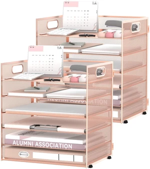 6-Tier Paper Organizer for Desk with Handle, Rose Gold, 2 Pack Sturdy Metal Mesh Organizer with Movable Middle Trays and a Carry Handle for Papers, Folders and Office Supplies 6-Tier Paper Organizer for Desk with Handle, Rose Gold, 2 Pack Sturdy Metal Mesh Organizer with Movable Middle Trays and a Carry Handle for Papers, Folders and Office Supplies