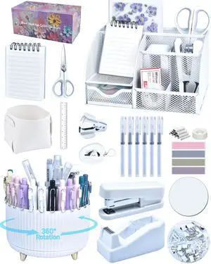 White Desk Accessories and Organizers with Desk Organizer and 360°Rotating Pen Holder stapler Pen and a Lot of Office White Office Supplies Beautifully Presented in a Gift Box White Desk Accessories and Organizers with Desk Organizer and 360°Rotating Pen Holder stapler Pen and a Lot of Office White Office Supplies Beautifully Presented in a Gift Box