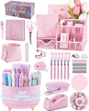 Pink Desk Accessories and Organizers with Desk Organizer and 360°Rotating Pen Holder stapler Pen and a Lot of Office Pink Office Supplies Beautifully Presented in a Gift Box Pink Desk Accessories and Organizers with Desk Organizer and 360°Rotating Pen Holder stapler Pen and a Lot of Office Pink Office Supplies Beautifully Presented in a Gift Box