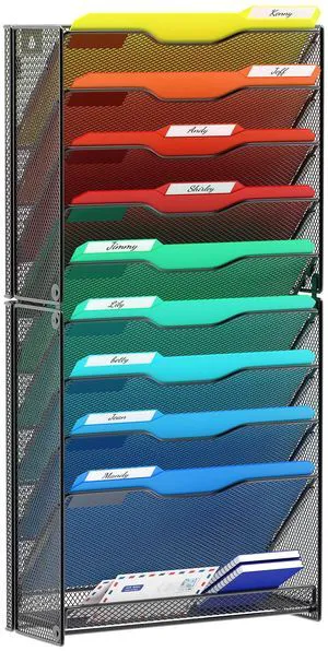 10 Tier Wall File Organizer, Hanging Wall Mount File Holder Paper Folder Mail Organizer, Mesh Metal, Black 10 Tier Wall File Organizer, Hanging Wall Mount File Holder Paper Folder Mail Organizer, Mesh Metal, Black