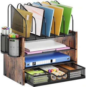 Desk organizer with Drawer, 4-Tier Wooden File Organizer with 5 Vertical File Holders and 2 Pen Holders, Desk Organizers and Accessories for Home Office - Dark Brown Desk organizer with Drawer, 4-Tier Wooden File Organizer with 5 Vertical File Holders and 2 Pen Holders, Desk Organizers and Accessories for Home Office - Dark Brown