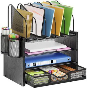 Desk organizer with Drawer, 4-Tier Wooden File Organizer with 5 Vertical File Holders and 2 Pen Holders, Desk Organizers and Accessories for Home Office - Black Desk organizer with Drawer, 4-Tier Wooden File Organizer with 5 Vertical File Holders and 2 Pen Holders, Desk Organizers and Accessories for Home Office - Black