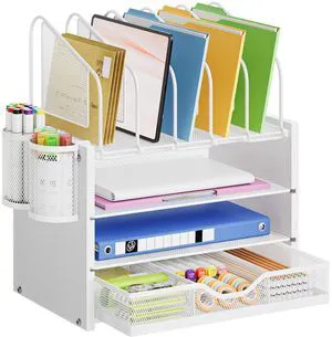 Desk organizer with Drawer, 4-Tier Wooden File Organizer with 5 Vertical File Holders and 2 Pen Holders, Desk Organizers and Accessories for Home Office - White Desk organizer with Drawer, 4-Tier Wooden File Organizer with 5 Vertical File Holders and 2 Pen Holders, Desk Organizers and Accessories for Home Office - White