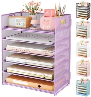 6 Tier Paper File Tray Organizer for Desk, Purple Mesh Desk Letter Paper File Folder Accessories Sorter Organizer with Handle, Stackable Slide Tray for Office, Home or School Supplies Storage 6 Tier Paper File Tray Organizer for Desk, Purple Mesh Desk Letter Paper File Folder Accessories Sorter Organizer with Handle, Stackable Slide Tray for Office, Home or School Supplies Storage