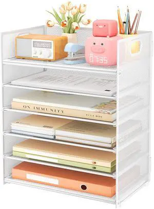 6 Tier Paper Organizer for Desk with Handle, Metal Mesh Desk Office File Folder Paper Letter Tray Accessories Organizer Sorter for Home, School, Office Desktop Document Organization - White 6 Tier Paper Organizer for Desk with Handle, Metal Mesh Desk Office File Folder Paper Letter Tray Accessories Organizer Sorter for Home, School, Office Desktop Document Organization - White