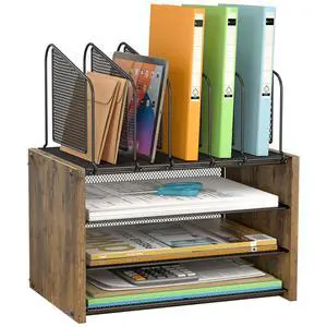 4-Tier Desk Organizer, Desk File Organizer with 5 Vertical File Holders, Office Desktop Organizer with 3 Level Paper Organizer Letter Tray, Wooden Desk Organizers and Accessories for Home Office 4-Tier Desk Organizer, Desk File Organizer with 5 Vertical File Holders, Office Desktop Organizer with 3 Level Paper Organizer Letter Tray, Wooden Desk Organizers and Accessories for Home Office