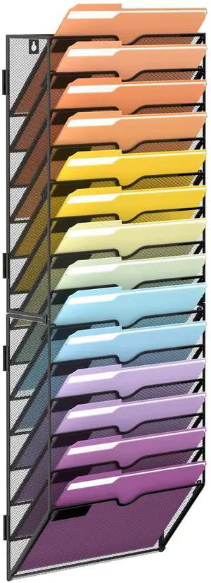14-Tier Wall File Organizer, Mesh Hanging Wall Mount File Holder Paper, Folder, Magazine Rack Great for Office Home School, Assembly Needed, Black 14-Tier Wall File Organizer, Mesh Hanging Wall Mount File Holder Paper, Folder, Magazine Rack Great for Office Home School, Assembly Needed, Black