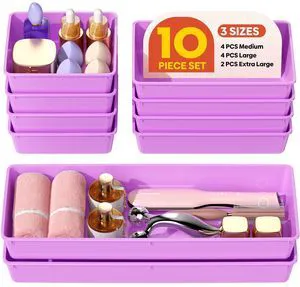 10 Pack Large Size Plastic Drawer Organizers Set, 3 Sizes Desk Drawer Organizer Trays, Storage Bins for Vanity, Makeup, Bathroom, Kitchen Utensils and Office (Purple) 10 Pack Large Size Plastic Drawer Organizers Set, 3 Sizes Desk Drawer Organizer Trays, Storage Bins for Vanity, Makeup, Bathroom, Kitchen Utensils and Office (Purple)