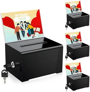 4 Pack 6.2"x 4.7" x 4" Black Acrylic Donation Box with Lock Slot Plastic storage container fitted with sign holder, ideal for fundraising, tip collection, voting and charity 4 Pack 6.2"x 4.7" x 4" Black Acrylic Donation Box with Lock Slot Plastic storage container fitted with sign holder, ideal for fundraising, tip collection, voting and charity