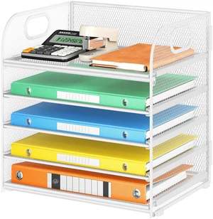 5 Tray Paper Organizer Letter Tray with Handle - Mesh Desk File Organizer, Paper Sorter Organizer for Office, Home or School File Folder Holder - White 5 Tray Paper Organizer Letter Tray with Handle - Mesh Desk File Organizer, Paper Sorter Organizer for Office, Home or School File Folder Holder - White