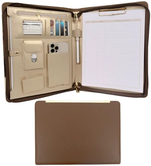Brown Vegan Leather Padfolio | Zippered Work Organizer Binder with Gold Trim | Professional Document Case 8.5 x 11 for Women Brown Vegan Leather Padfolio | Zippered Work Organizer Binder with Gold Trim | Professional Document Case 8.5 x 11 for Women