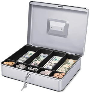 Small Cash Box with Money Tray and Lock, 11.4-Inch, Silver Portable Metal Money Box for Petty Cash with Removable 9-Compartment Tray, 4 Bill Slots, Folding Handle, and 2 Keys Small Cash Box with Money Tray and Lock, 11.4-Inch, Silver Portable Metal Money Box for Petty Cash with Removable 9-Compartment Tray, 4 Bill Slots, Folding Handle, and 2 Keys