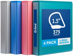 1.5 Inch 3 Ring Binders, 4 Pack, Assorted Colors, Holds 375 Sheets D rings, clear view covers for custom inserts, and 2 inside pockets. PVC free, non stick. Stock up pack 1.5 Inch 3 Ring Binders, 4 Pack, Assorted Colors, Holds 375 Sheets D rings, clear view covers for custom inserts, and 2 inside pockets. PVC free, non stick. Stock up pack