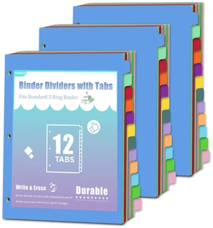 12-Tab Binder dividers with tabs for 3 Ring Binder, Write & Erase, Dividers for 8.5 x 11'' Letter Size Papers, Assorted Color, 3 Set, Ideal for Student, Teacher 12-Tab Binder dividers with tabs for 3 Ring Binder, Write & Erase, Dividers for 8.5 x 11'' Letter Size Papers, Assorted Color, 3 Set, Ideal for Student, Teacher