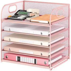5 Tray Paper Organizer Letter Tray with Handle - Mesh Desk File Organizer, Paper Sorter Organizer for Office, Home or School File Folder Holder - Pink 5 Tray Paper Organizer Letter Tray with Handle - Mesh Desk File Organizer, Paper Sorter Organizer for Office, Home or School File Folder Holder - Pink