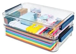 2-Pack 9x13 Clear Plastic Project Case Stackable Storage Box 5.5Qt container with snap-tight latch, organizer for A4 files, photos, documents, scrapbooking, craft and art supplies 2-Pack 9x13 Clear Plastic Project Case Stackable Storage Box 5.5Qt container with snap-tight latch, organizer for A4 files, photos, documents, scrapbooking, craft and art supplies