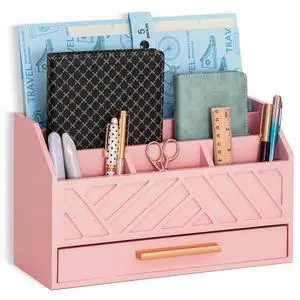 Pink Wood Desk Organizer and Accessories with Drawer, Bill Mail Organizer and File Mail Holder for Office Supplies, Modern Desk Accessories & Workspace Organizers for Desk Organization Pink Wood Desk Organizer and Accessories with Drawer, Bill Mail Organizer and File Mail Holder for Office Supplies, Modern Desk Accessories & Workspace Organizers for Desk Organization