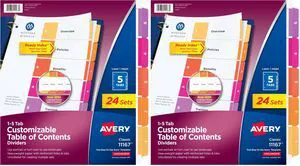 Dividers for 3 Ring Binders, 5 Tabs per Set, Customizable Table Contents, Multicolor Tabs, Great for Organizing High-Volume Reports, Projects, and More (24 Sets of 11167) (Pack of 2) Dividers for 3 Ring Binders, 5 Tabs per Set, Customizable Table Contents, Multicolor Tabs, Great for Organizing High-Volume Reports, Projects, and More (24 Sets of 11167) (Pack of 2)