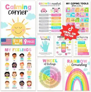 9 Calming Corner Classroom Must Haves, Coping & Feelings Poster for Kids Calm Corner Posters with Emotions Chart, School Counselor Mental Health Posters, Feelings Wheel Calming Classroom Decor 9 Calming Corner Classroom Must Haves, Coping & Feelings Poster for Kids Calm Corner Posters with Emotions Chart, School Counselor Mental Health Posters, Feelings Wheel Calming Classroom Decor