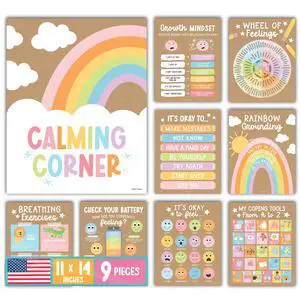 9 Calming Corner Classroom Must Haves, Coping & Feelings Poster for Kids Calm Corner Posters with Emotions Chart, School Counselor Mental Health Posters, Feelings Wheel Calming Classroom Decor 9 Calming Corner Classroom Must Haves, Coping & Feelings Poster for Kids Calm Corner Posters with Emotions Chart, School Counselor Mental Health Posters, Feelings Wheel Calming Classroom Decor