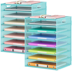 2 Pack 8-Tier Office Desk File Organizer, Letter Tray Paper Organizer with Handle, Including 5 Adjustable Slide Trays for Organizing Desk Workspace Accessories and Supplies (Blue Metal Mesh) 2 Pack 8-Tier Office Desk File Organizer, Letter Tray Paper Organizer with Handle, Including 5 Adjustable Slide Trays for Organizing Desk Workspace Accessories and Supplies (Blue Metal Mesh)